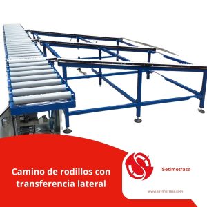 Sistema automatizado de transporte industrial con rodillos motorizados, transferencia lateral neumática y pulmón de acumulación por gravedad, diseñado para el manejo eficiente de perfiles metálicos de 6 metros.