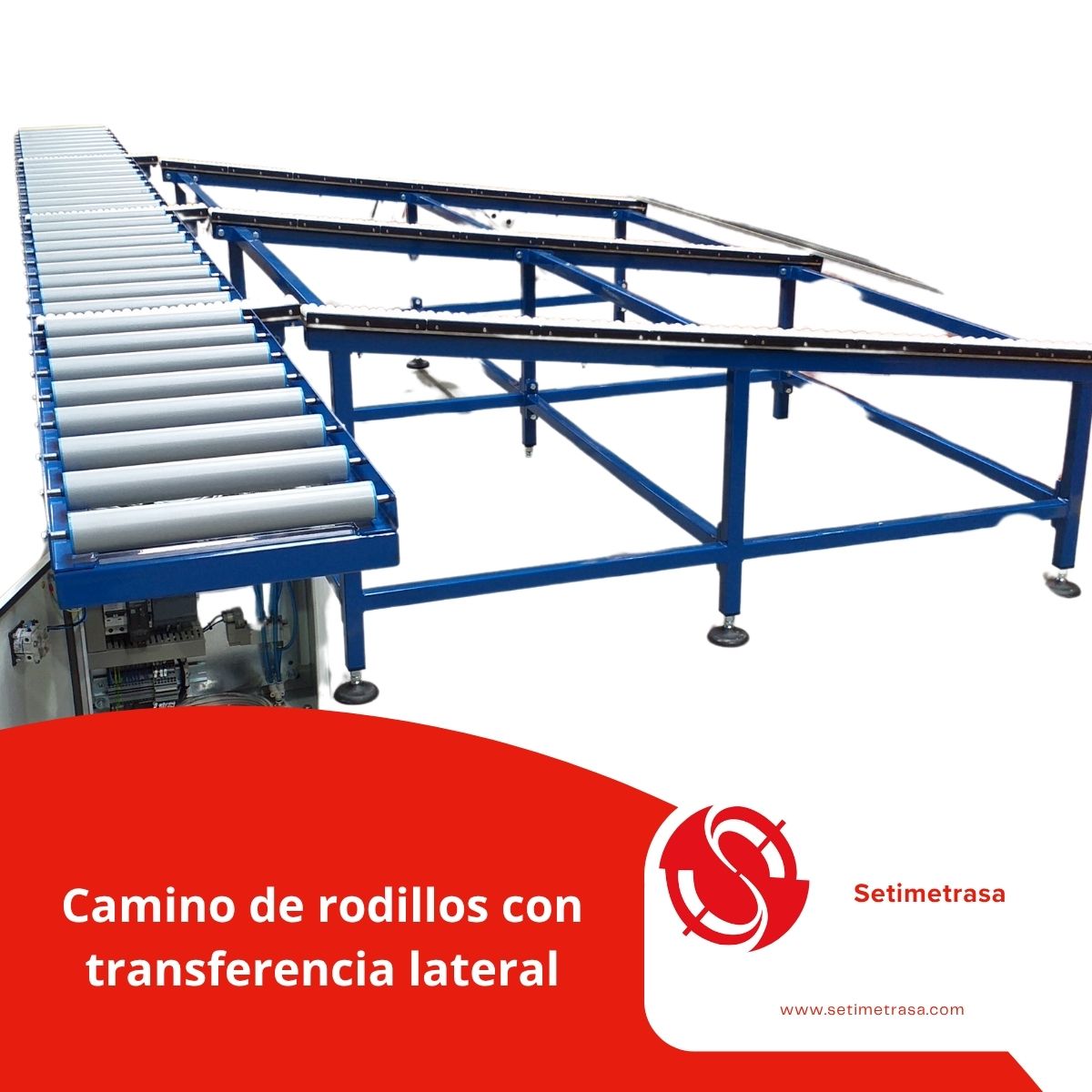 Sistema automatizado de transporte industrial con rodillos motorizados, transferencia lateral neumática y pulmón de acumulación por gravedad, diseñado para el manejo eficiente de perfiles metálicos de 6 metros.