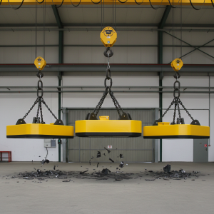 Imán industrial con sus partes principales identificadas: bobina, carcasa, núcleo, terminales y cadena de suspensión.