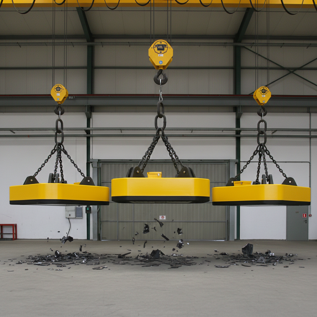 Imán industrial con sus partes principales identificadas: bobina, carcasa, núcleo, terminales y cadena de suspensión.