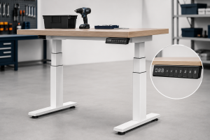 Mesa de trabajo ergonómica eléctrica con columnas elevadoras TiMOTION para aplicaciones industriales.